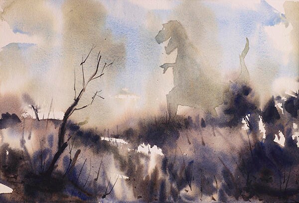 Dinosaur roaming landscape painting- fine art watercolor painting.  Monster t-rex art print, dinosaur art watercolor art landscape (print)