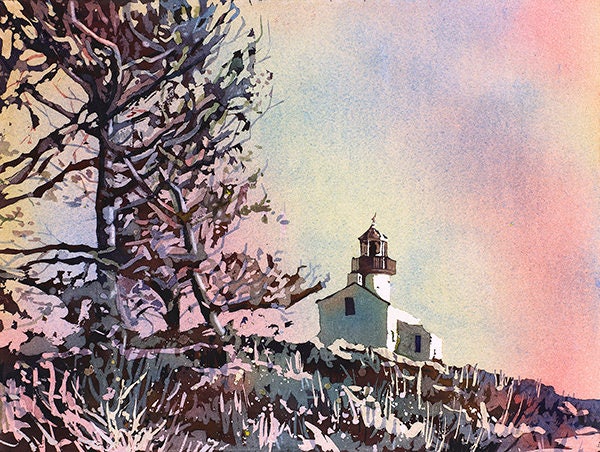 Point Loma Lighthouse in Cabrillo National Monument.  Watercolor painting of lighthouse.  Lighthouse art print lighthouse decor beach art (print)