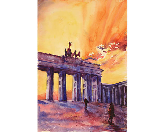 Watercolor painting of Brandenburg Gate the city of Berlin- Germany, Europe,  Brandenburg Gate art Watercolor Berlin painting sunset art