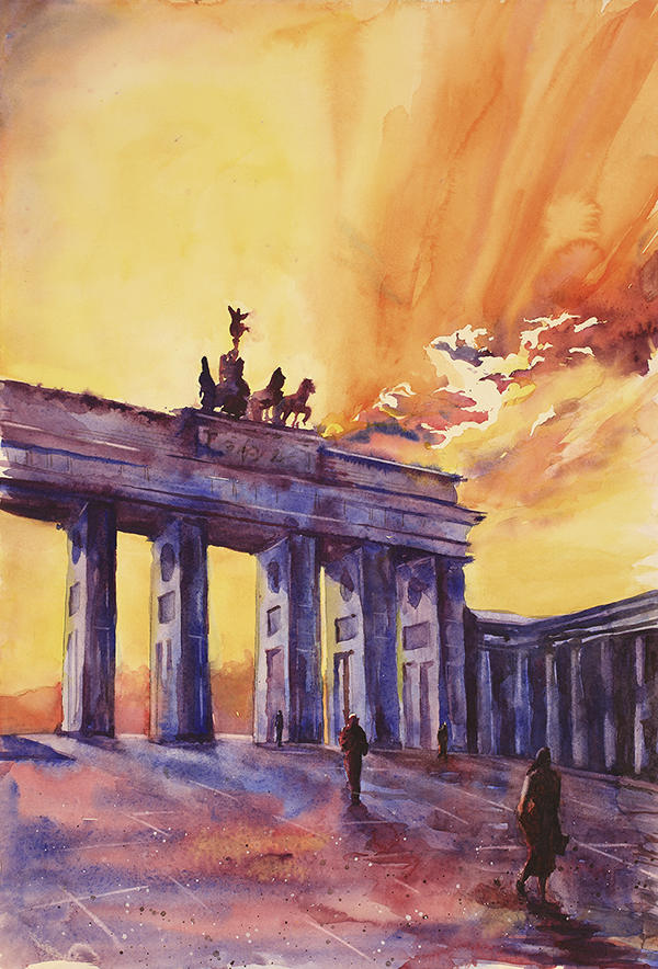 Watercolor painting of Brandenburg Gate the city of Berlin- Germany, Europe,  Brandenburg Gate art Watercolor Berlin painting sunset art