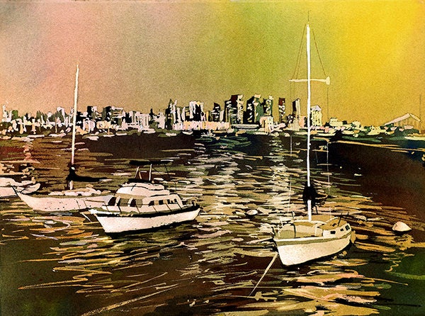 Watercolor painting of boats in harbor with skyline of San Diego at dawn- San Diego, California,  Skyline San Diego harbor boat watercolor
