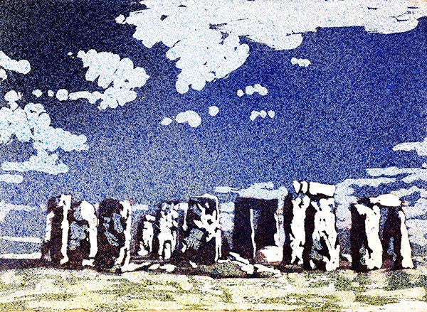 Stonehenge ruins at sunset- United Kingdom.  Original watercolor painting.  Landscape Stonehenge ruins colorful artwork blue art Stonehenge