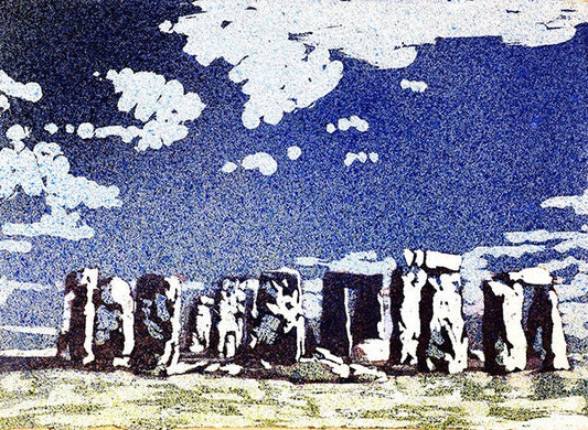 Ruinas de Stonehenge al atardecer-Reino Unido. Pintura de acuarela original. Paisaje Stonehenge ruinas coloridas obras de arte arte azul Stonehenge