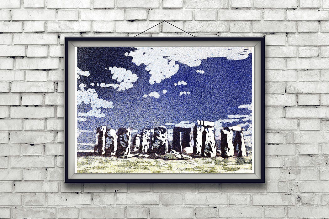 Stonehenge ruins at sunset- United Kingdom.  Original watercolor painting.  Landscape Stonehenge ruins colorful artwork blue art Stonehenge