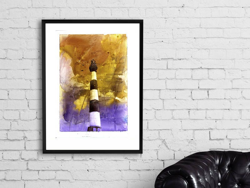 Lighthouse art, watercolor painting of Bodie Island lighthouse at sunset in Outer Banks (OBX) of North Carolina- USA Bodie Island lighthouse (print)