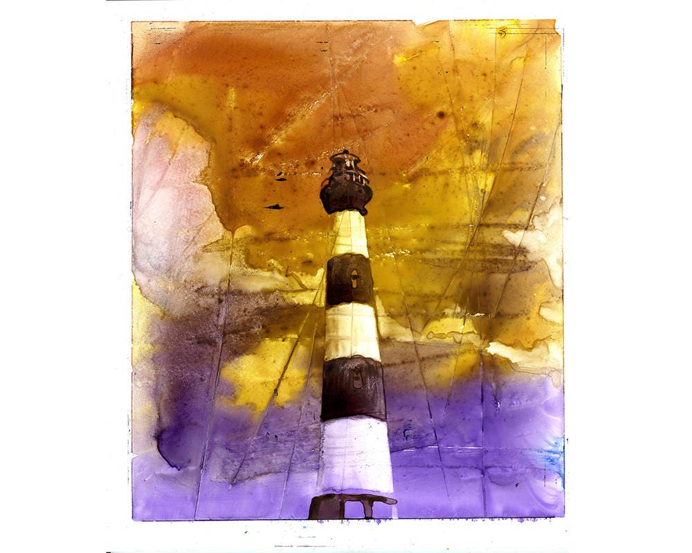 Lighthouse art, watercolor painting of Bodie Island lighthouse at sunset in Outer Banks (OBX) of North Carolina- USA Bodie Island lighthouse (print)