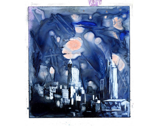 Skyline of Raleigh, NC.  Original watercolor painting on YUPO synthetic paper of Raleigh downtown art watercolor print wall art