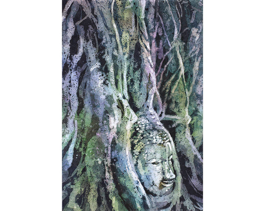 Buddha head overgrown by root at ruins Ayutthaya, Thailand art print, home decor colorful painting art watercolor giclee painting Buddhism (print)