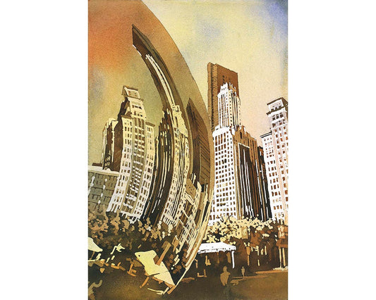 Watercolor painting of Cloud Gate (Chicago Bean) statue and skyscraper skyline in Millennium Park-  Chicago, Illinois (USA).