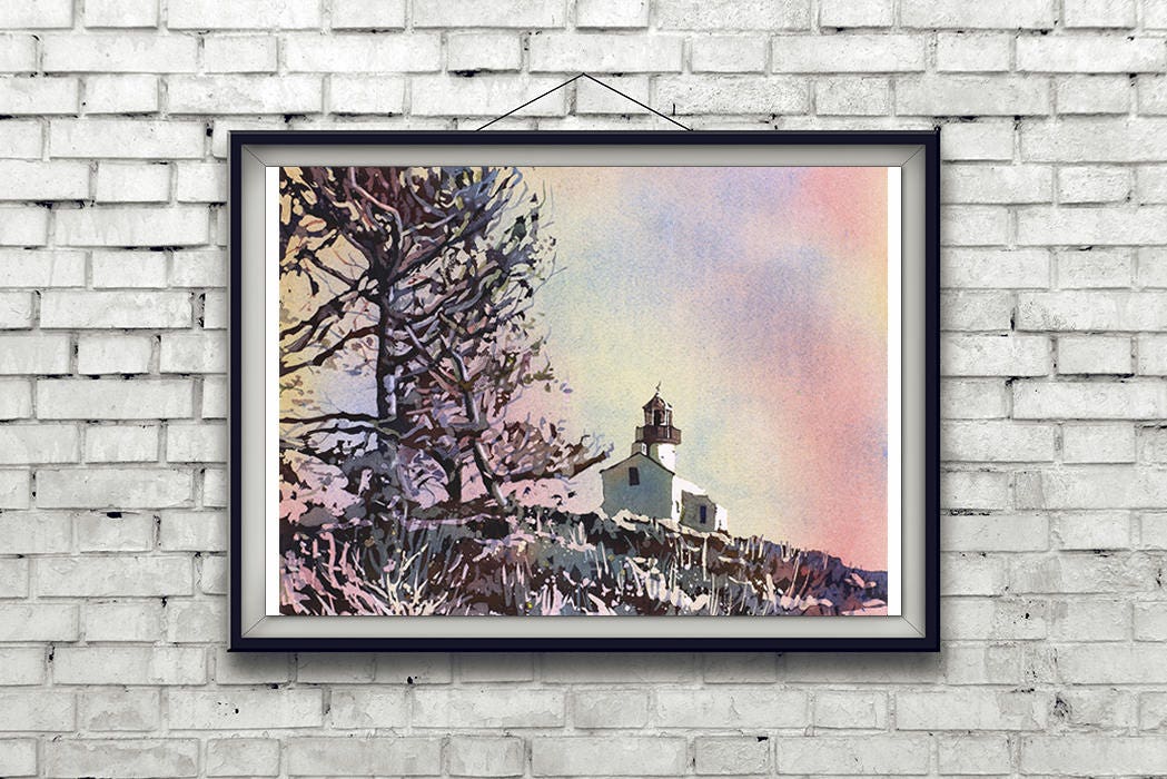 Point Loma Lighthouse in Cabrillo National Monument.  Watercolor painting of lighthouse.  Lighthouse art print lighthouse decor beach art (print)