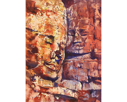 Hand-painted watercolor of Bayon Temple ruins at Angkor Wat, UNESCO World Heritage site, with bold sunset colors and detailed ancient stonework.