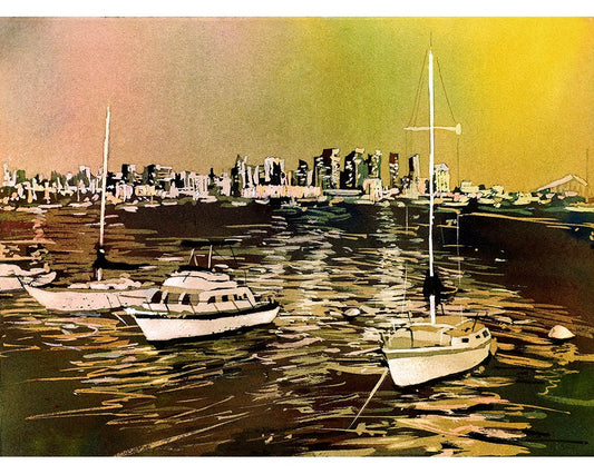 Watercolor painting of boats in harbor with skyline of San Diego at dawn- San Diego, California,  Skyline San Diego harbor boat watercolor
