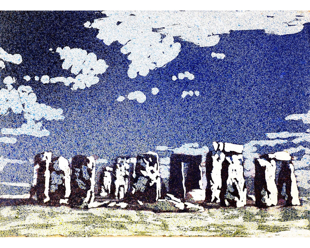 Stonehenge ruins at sunset- United Kingdom.  Original watercolor painting.  Landscape Stonehenge ruins colorful artwork blue art Stonehenge