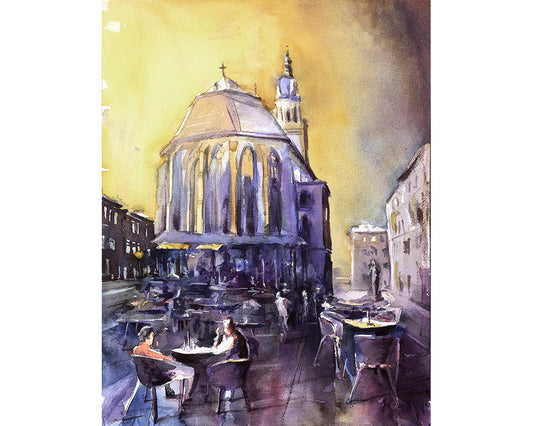 Heidelberg, Germany- watercolor painting of 13th century Church of the Holy Spirit. Wall art Germany painting, Heidelberg (print)