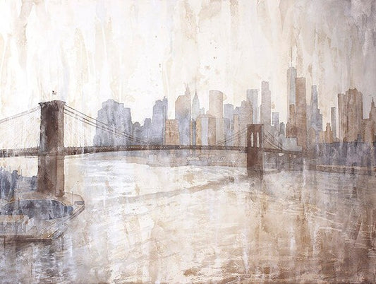 Elegant cityscape original watercolor showing iconic New York buildings and Brooklyn Bridge at twilight—perfect New York City painting for home or office.
