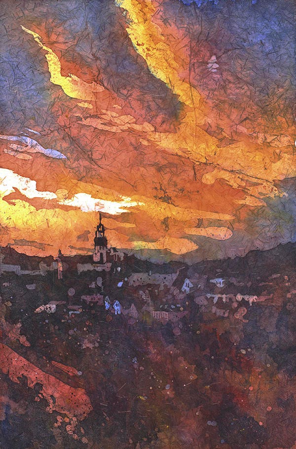 Sunset in the medieval village of Tabor- Czech Republic.  Batik style artwork Tabor church artwork colorful sunset watercolor batik painting