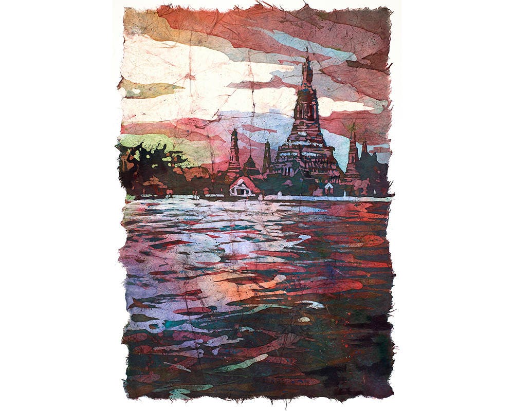 Watercolor batik painting of prangs of Wat Arun silhouetted at sunset from across the Chao Praya river- Bangkok, Thailand.