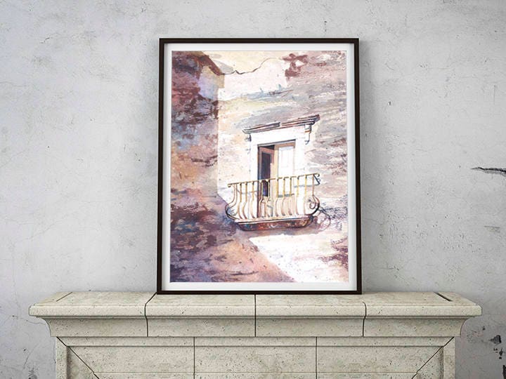 Painting of exterior door and balcony on weathered house on Lipari Island- Italy.  Italy artwork balcony medieval village Europe artwork (print)