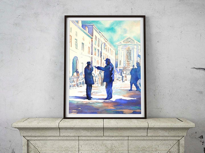 Italy artwork- two old men arguing in piazza in Italy.  Fine art watercolor painting of men in Italy, home decor Italy artwork (print)