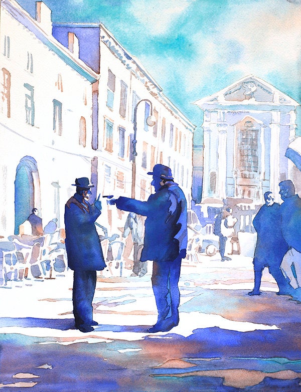 Italy artwork- two old men arguing in piazza in Italy.  Fine art watercolor painting of men in Italy, home decor Italy artwork (print)