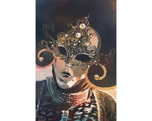 Expressive painting of Carnival in Venice, with rich colors and dramatic costume details.