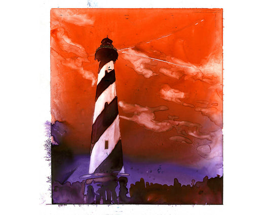 Faro de Cabo Hatteras - Outer Banks, Carolina del Norte. Cuadro de faro OBX. Pintura de acuarela de bellas artes del faro de Cabo Hatteras (impresión)