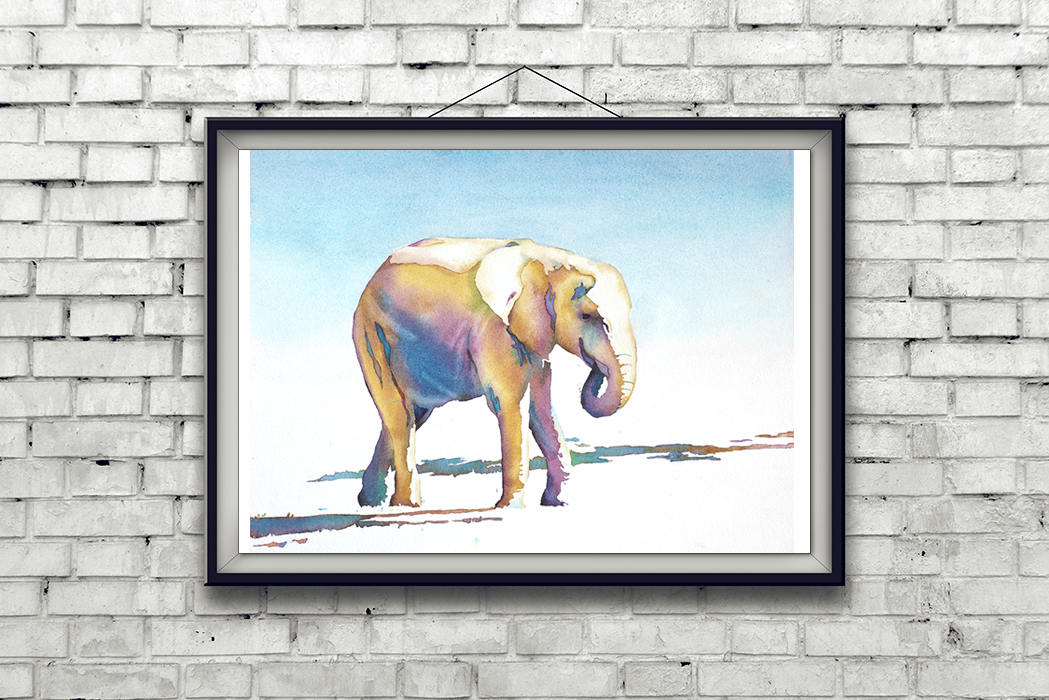 Elephant walking across field- watercolor painting. Colorful watercolor animal art watercolor elephant home decor pachyderm walking fine art (print)