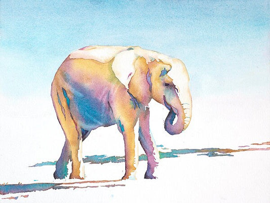 Elephant walking across field- watercolor painting. Colorful watercolor animal art watercolor elephant home decor pachyderm walking fine art (print)