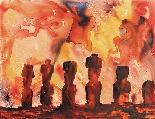 Easter Island watercolor artwork featuring dramatic Moai silhouettes and a vibrant red background—ideal for travel-themed home accents.