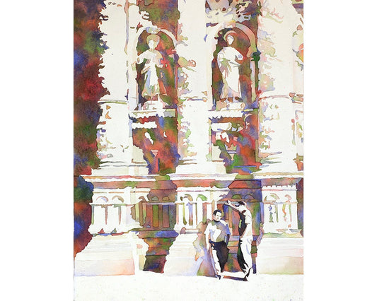 Watercolor painting of men outside of elaborately carved Baroque Cathedral in mining city of Zacatecas, Mexico.