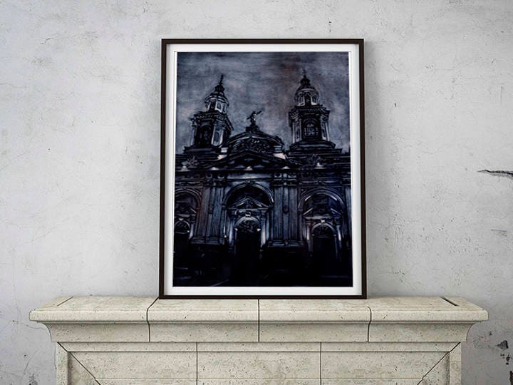 Cathedral on the Plaza de Armas in Santiago, Chile.  Cathedral Santiago artwork print Watercolor painting Chile church painting artwork (print)