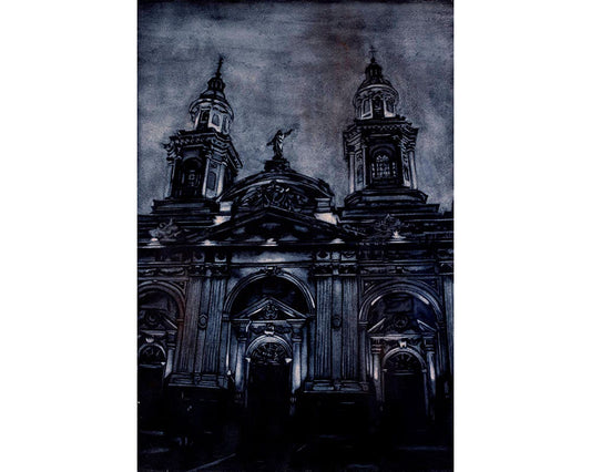 Watercolor painting of the neoclassical facade of the Cathedral on Plaza de Armas in Santiago, Chile—ideal fine art for home or office wall decor.