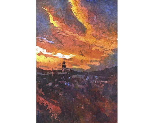 Sunset in the medieval village of Tabor- Czech Republic.  Batik style artwork Tabor church artwork colorful sunset watercolor batik painting