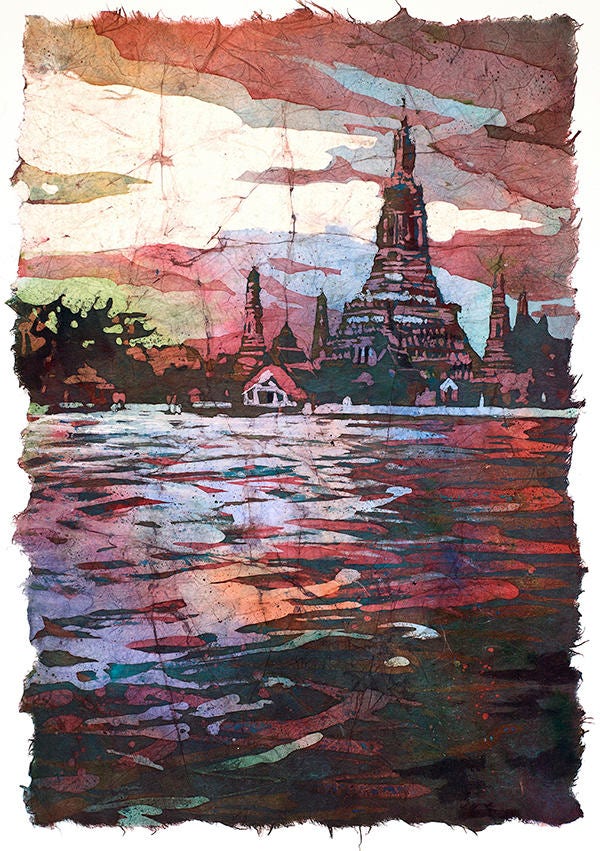 Wat Arun silhouetted at sunset from across the Chao Praya river- Bangkok, Thailand.  Wat Arun art watercolor painting Bangkok (print)