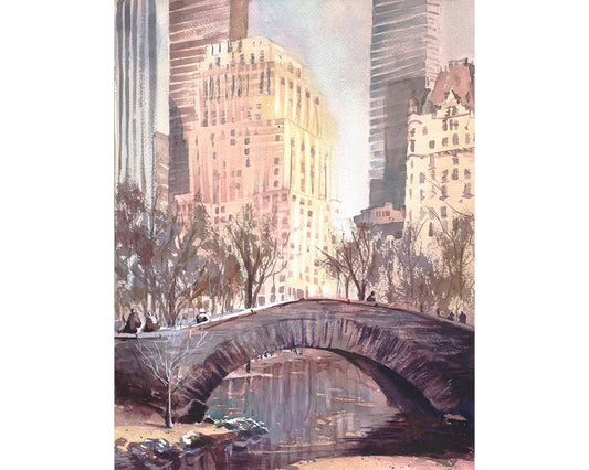 Watercolor painting of skyscrapers rising above iconic bridge in Central Park- New York City, New York (USA).