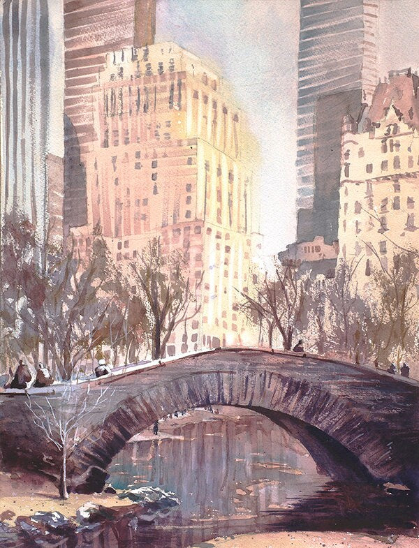 Central Park bridge in New York City,  Watercolor painting of  NYC skyscrapers New York  painting wall art NYC landscape photo wall art (print)