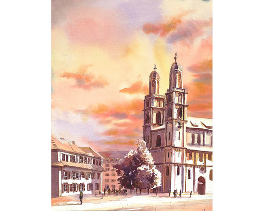 Painting of Grossmunster church in Zurich, Switzerland,  Zurich watercolor painting church fine art print church giclee Zurich sunset art (print)
