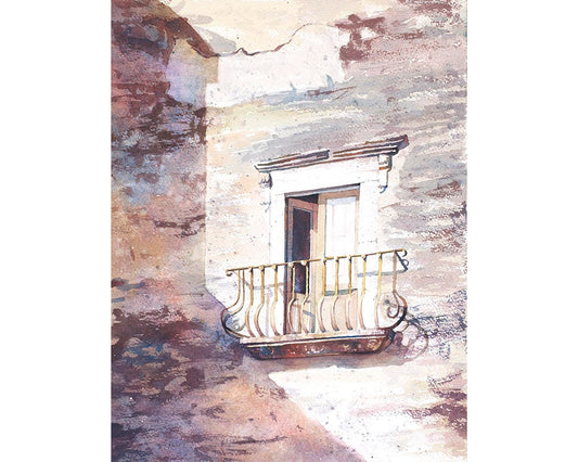 Painting of exterior door and balcony on weathered house on Lipari Island- Italy.  Italy artwork balcony medieval village Europe artwork (print)