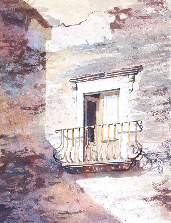 Painting of exterior door and balcony on weathered house on Lipari Island- Italy.  Italy artwork balcony medieval village Europe artwork (print)