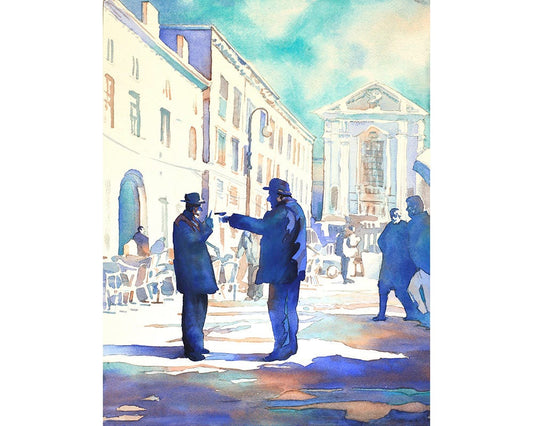 Italy artwork- two old men arguing in piazza in Italy.  Fine art watercolor painting of men in Italy, home decor Italy artwork (print)