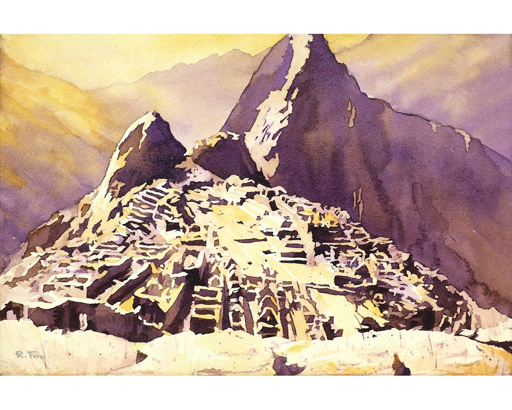 Machu Picchu art.  Fine art watercolor painting from Hut of the Caretaker of the ruined Incan city of Machu Picchu- Sacred Valley, Peru (print)