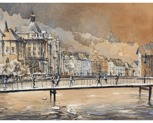 Downtown Lucerne at dusk-Switzerland, Lucerne watercolor art Switzerland painting landscape watercolor painting Lucerne Switzerland (print)
