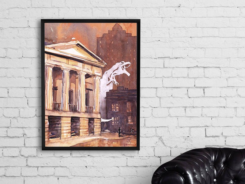 Raleigh Capitol in downtown Raleigh, North Carolina attacked by monster, Raleigh wall art, dinosaur painting fine art print Raleigh Capitol