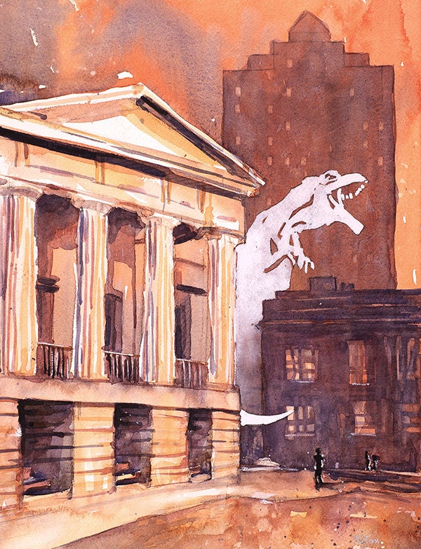 Raleigh Capitol in downtown Raleigh, North Carolina attacked by monster, Raleigh wall art, dinosaur painting fine art print Raleigh Capitol