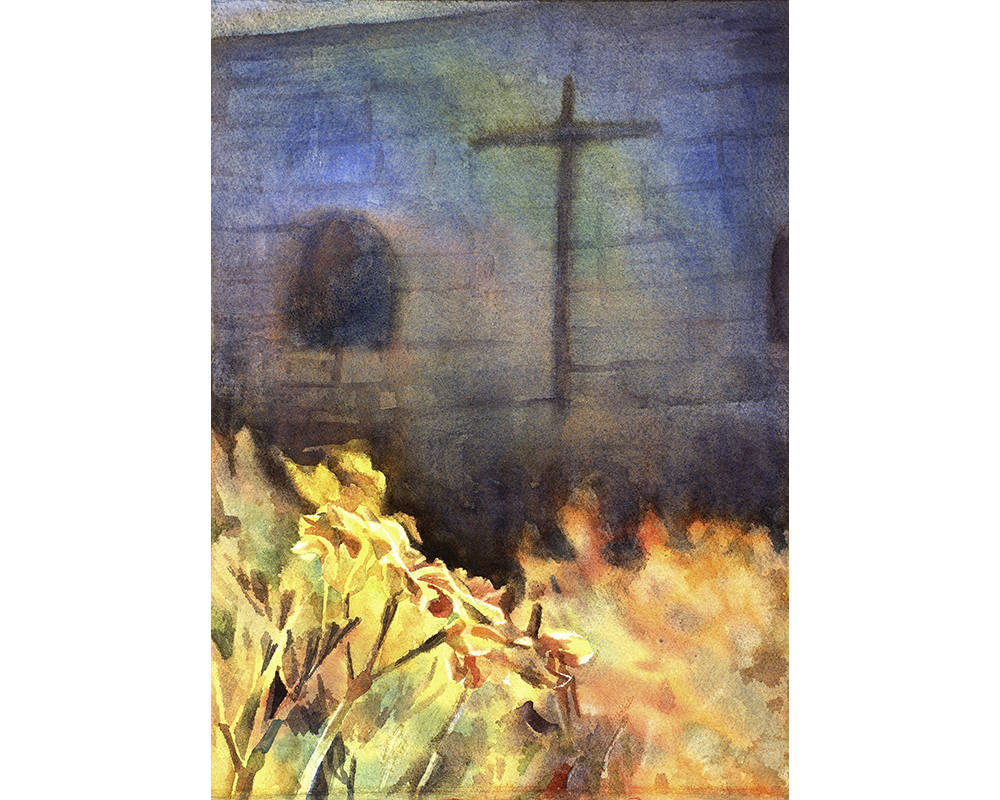 Cross at church.  Santa Catalina in the city of Arequipa, Peru- fine art watercolor painting, Peru art Arequipa painting (print)
