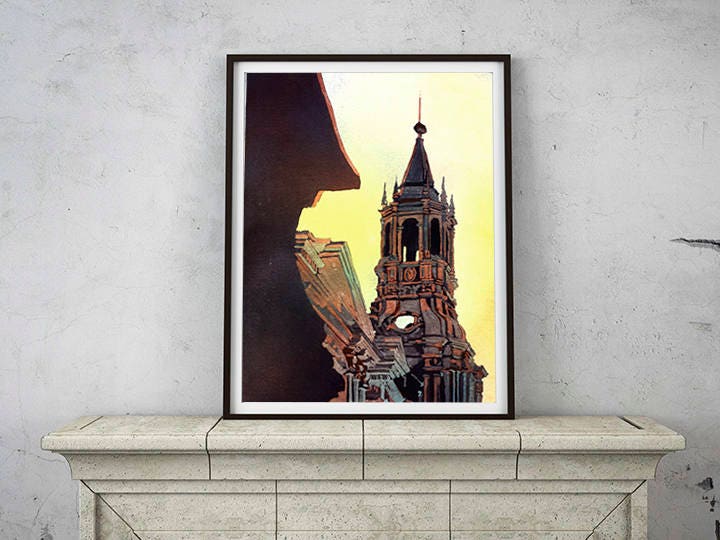 Cathedral on the Plaza de Armas in Arequipa, Peru.  Watercolor Peru painting church art colorful watercolor painting home decor (print)
