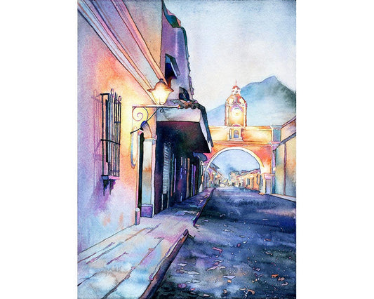 Watercolor painting of the Arch of Santa Catalina in the UNESCO World Heritage city of Antigua, Guatemala.