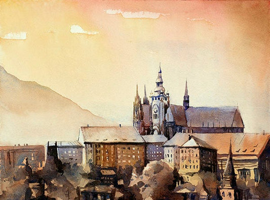 Castillo al atardecer en la ciudad de Praga- República Checa Praga pintura arte Praga acuarela pintura bellas artes giclee decoración del hogar acuarela (impresión)