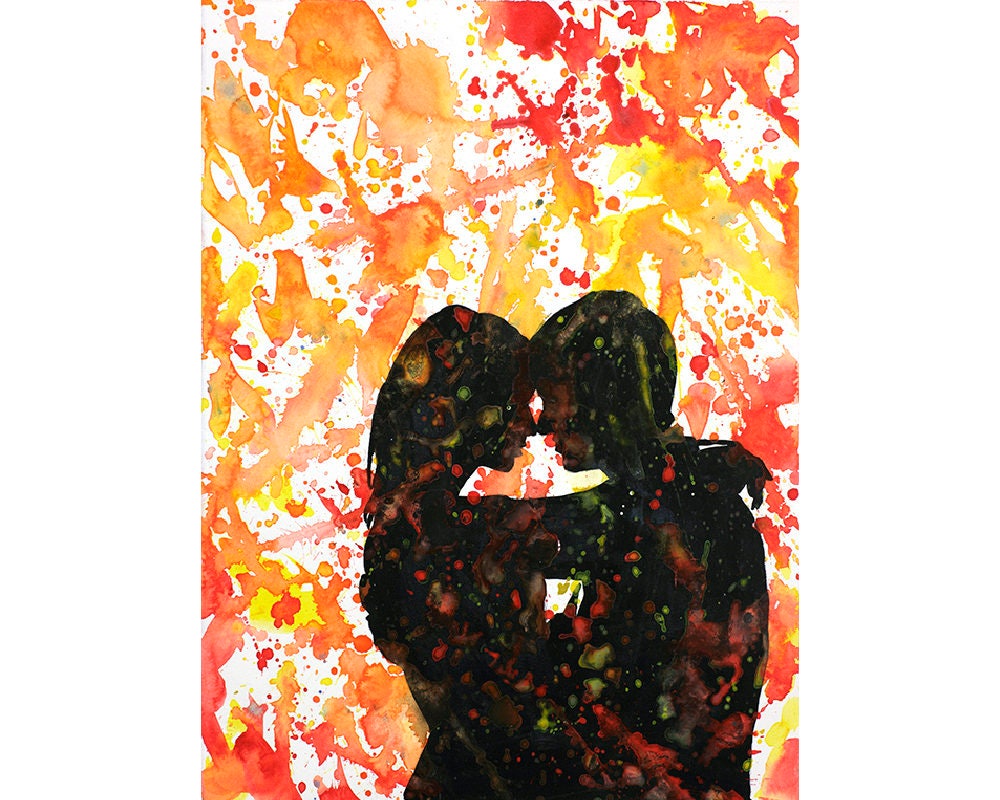 Watercolor painting of silhouette of couple kissing.  Valentine's Day artwork.  Engagement art.  Wedding artwork