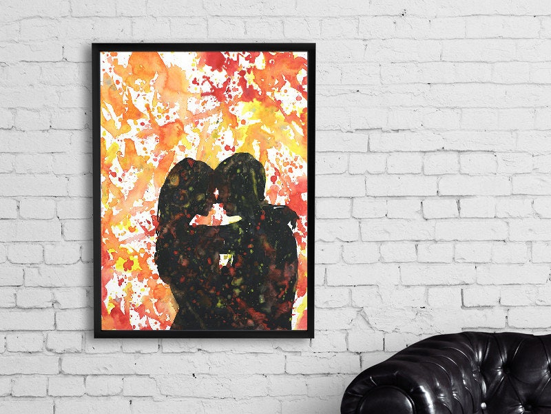 Couple kissing- watercolor painting of lovers.  Wall art fine art print Valentines Day couple painting fine art giclee kissing (print)